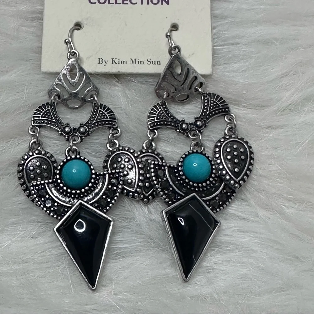 MIA COLLECTION Silver/Black & Turquoise Chandelier Earrings